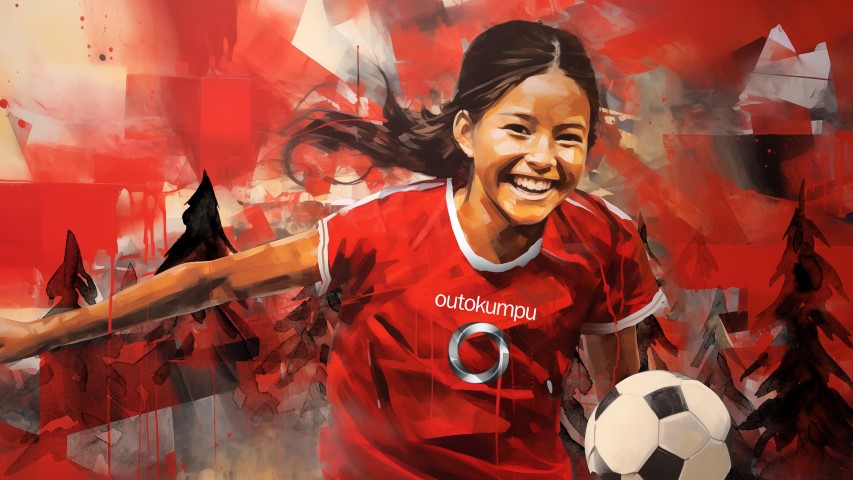 Illustrerad bild av en tjej med brunt hår som spelar fotboll i DIF:s röda matchtjröja.