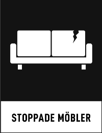 Illustration av en trasig soffa mot en svart bakgrund med texten "stoppade möbler" under.