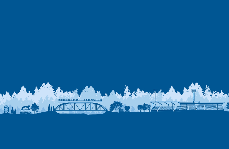 En illustrerad silhuett av Degerfors landmärken mot en mellanblå bakgrund.