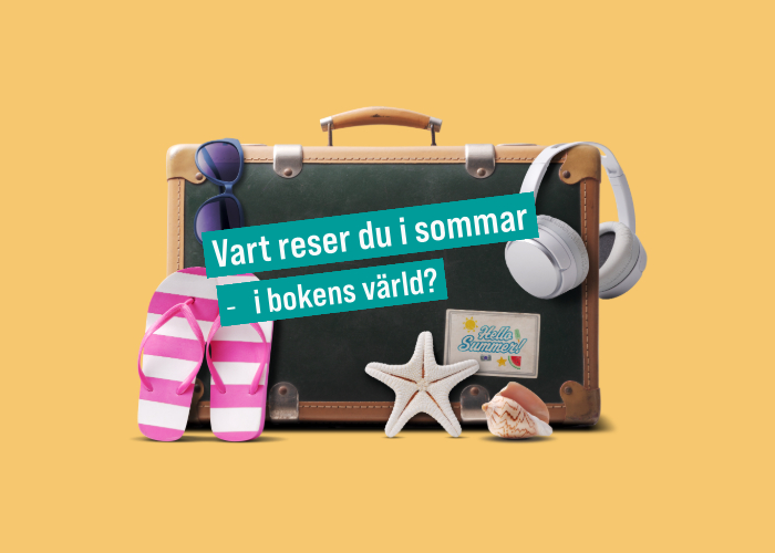 Illustration av en resväska med texten "vart reser du i sommar - i böckernas värld?"