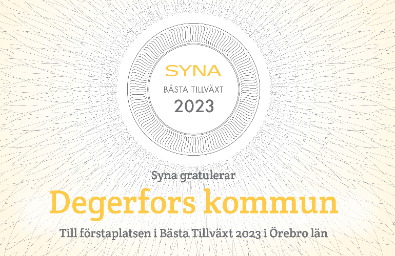 Dekal med texten "Syna bästa tillväxt 2023" och "Syna gratulerar Degerfors kommun till förstaplatsen i bästa tillväxt 2023 i Örebro län".