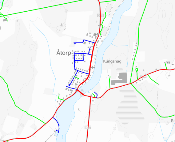Karta över Åtorp i Degerfors kommun med vägar markerade i rött, blått och grönt beroende på vem som är väghållare.