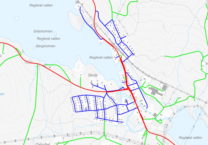 Karta över Svartå i Degerfors kommun med vägar markerade i färg: rött för Trafikverkets vägar, blått för kommunens vägar och grönt för vägföreningars vägar. 
