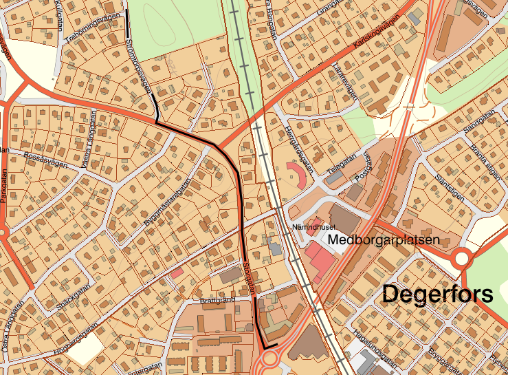 Karta över den planerade ledningen för fjärrvärme genom Degerfors från Storgatan upp till Strömtorpsvägen.