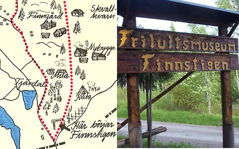 Ett kollage med en handritad karta över Finnstigen i Hällefors och ett foto av en skylt med texten "friluftsmuseum Finnstigen"